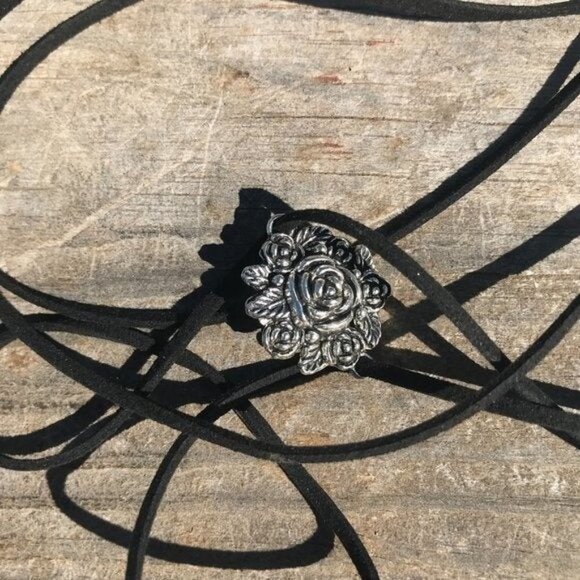 Tie Wrap Floral Rose Silver Bracelet Cuff Yoga Boho Biker Vegan Faux Leather - Picture 9 of 11